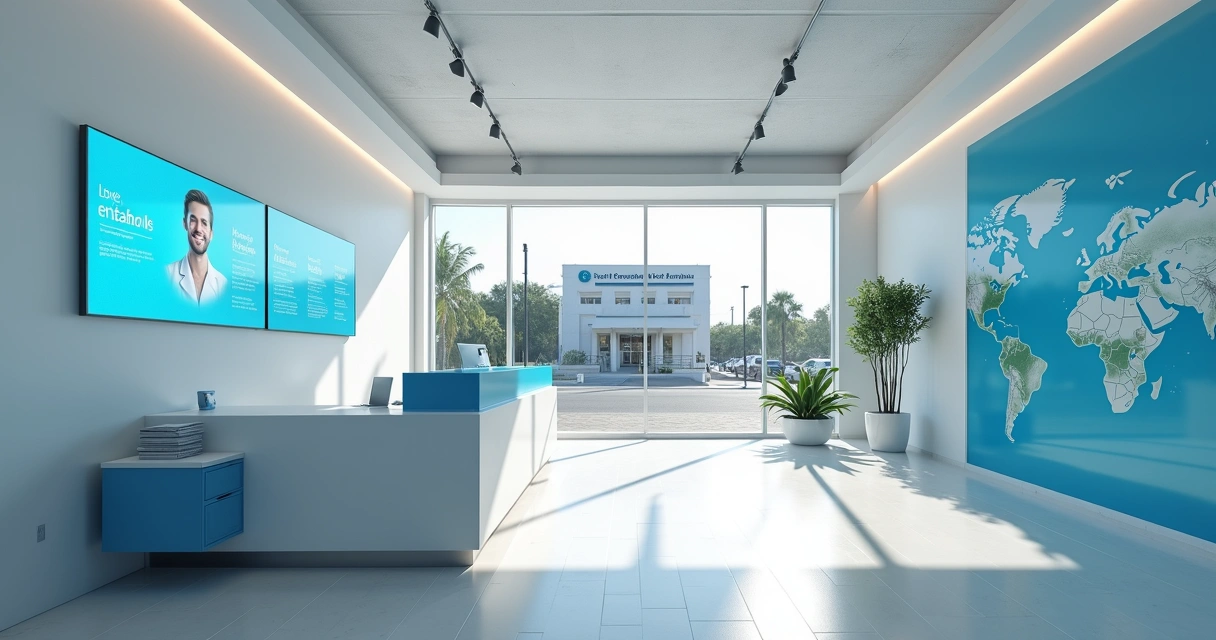 Recepção moderna e iluminada de clínica odontológica com mobília clean e fachada visível ao fundo 