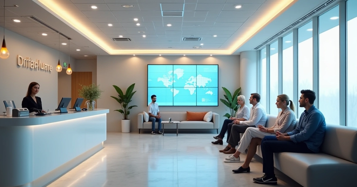 Sala de espera de clínica odontológica com pacientes e painel digital de agendamento