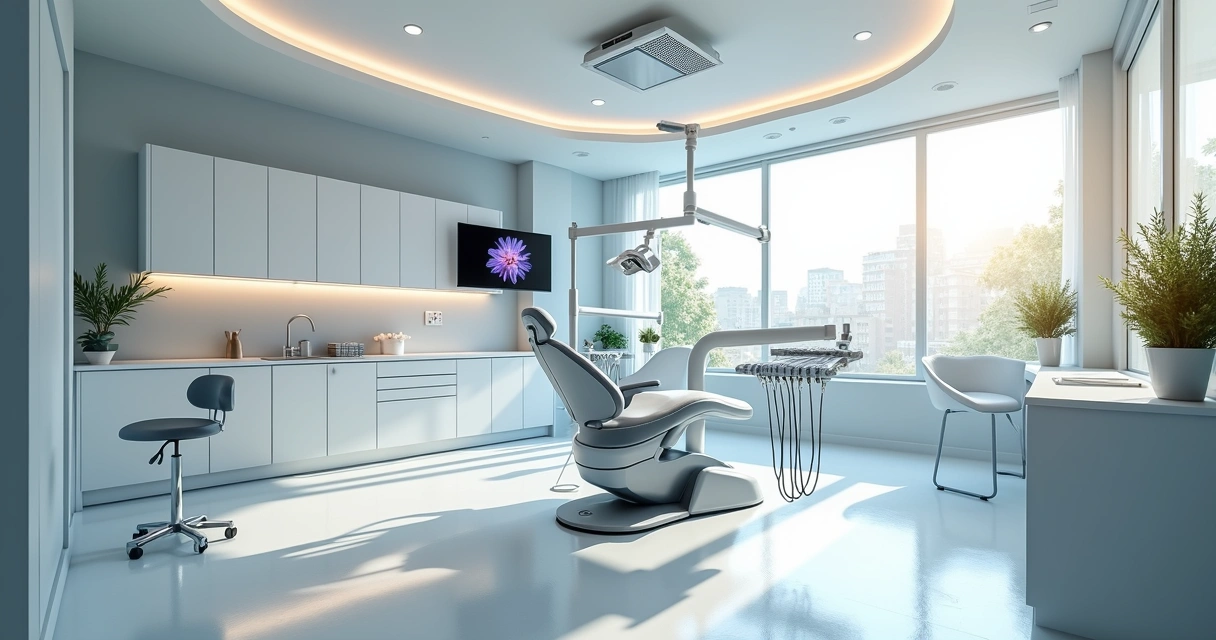 Interior moderno de clínica odontológica com consultórios equipados, cadeiras odontológicas e iluminação branca 