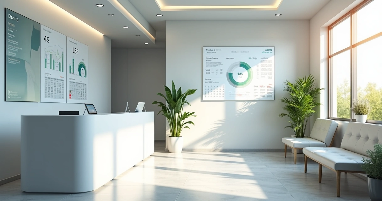 Recepção de uma clínica odontológica moderna com tablets e plantas naturais