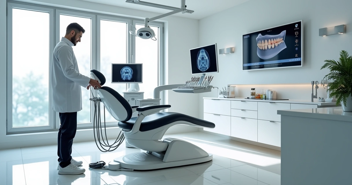 Consultório odontológico moderno com equipamento tecnológico avançado e cadeira odontológica confortável 