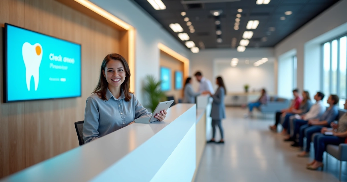 Recepção de clínica odontológica moderna, atendimento digital