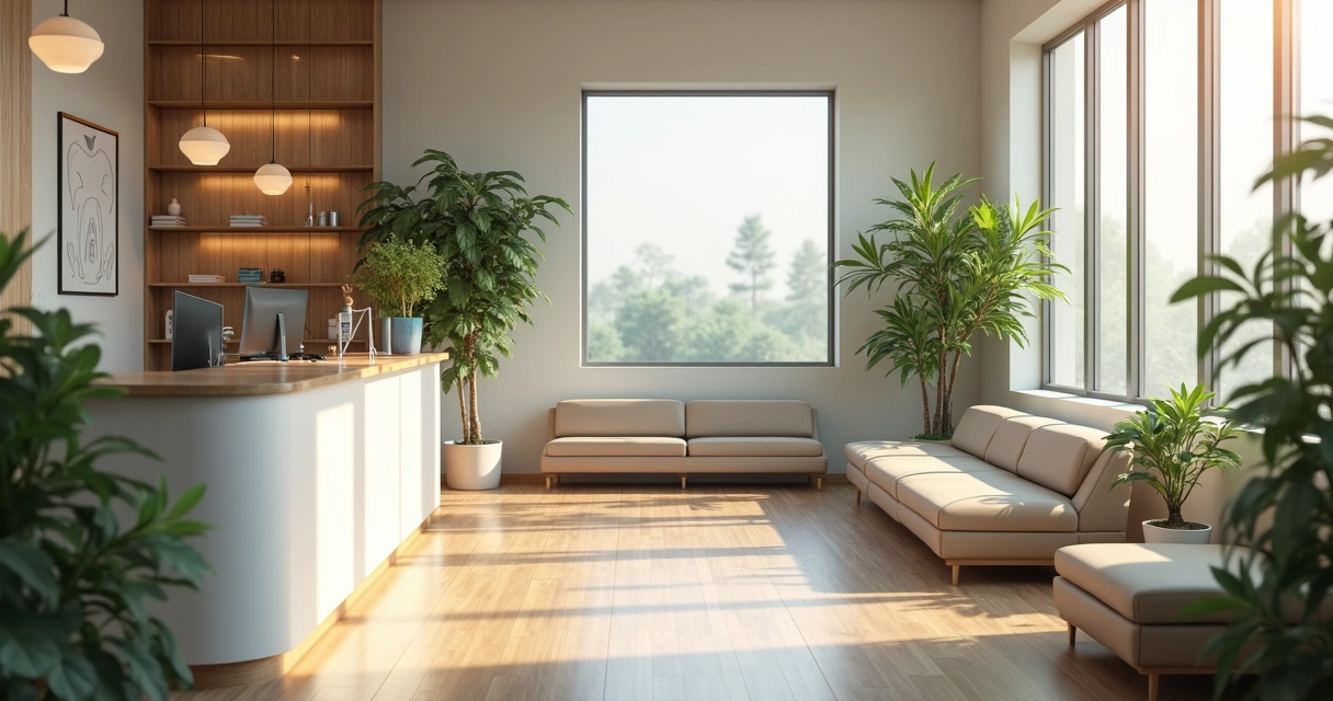 Recepção moderna e confortável de clínica odontológica