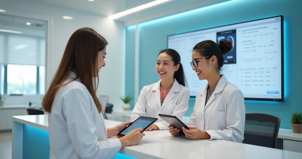 Recepção moderna de clínica odontológica com equipe usando tecnologia