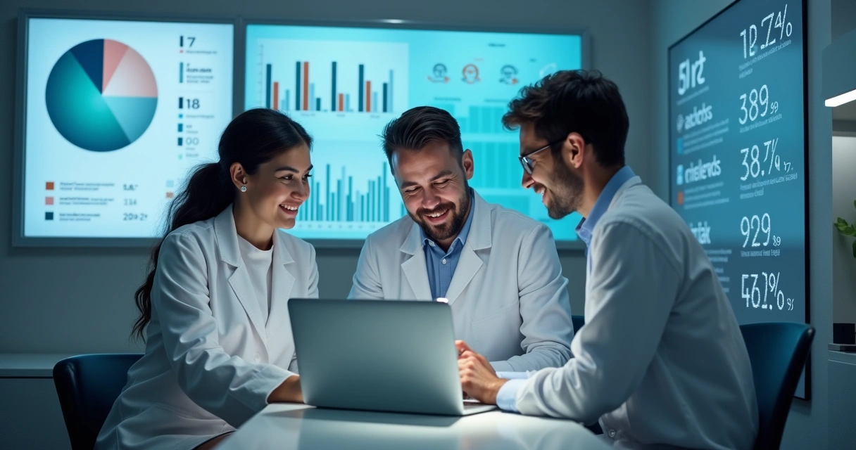 Consultório odontológico moderno com equipe reunida ao redor de notebook 