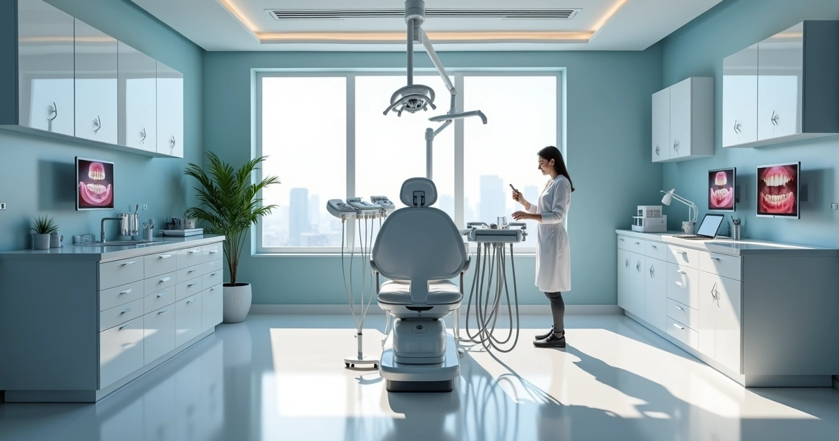 Consultório odontológico moderno com tecnologia avançada e cadeira dental equipada 