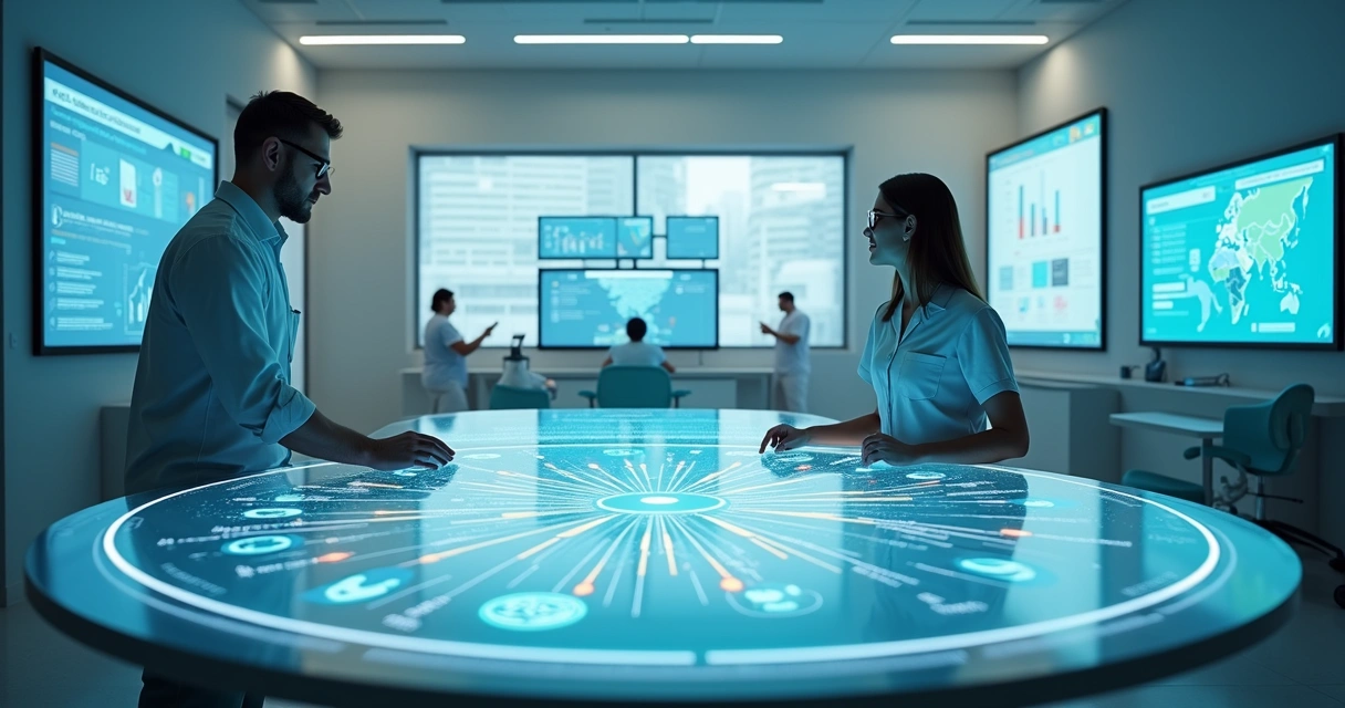 Sala de coordenação de clínica odontológica com mapa de jornada omnichannel em telas ao redor 