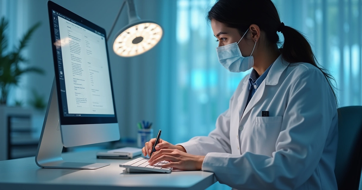 Recepcionista de clínica odontológica organizando agenda digital com computador moderno e equipe ao fundo com comunicação eficiente 