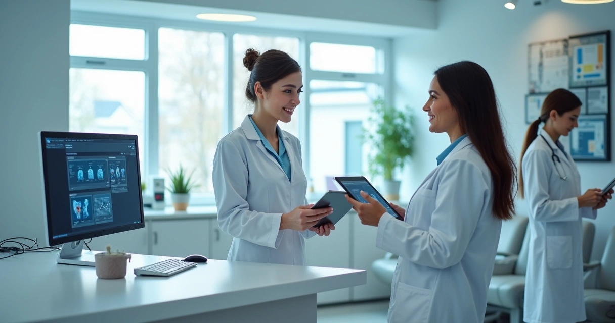 Sala de clínica odontológica moderna e organizada com equipe atenta. 
