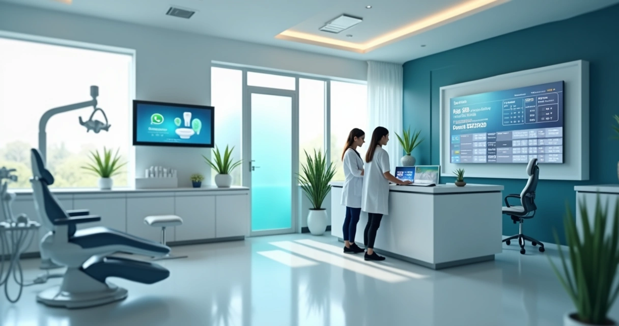 Consultório odontológico moderno com equipe usando computador e sistema digital 