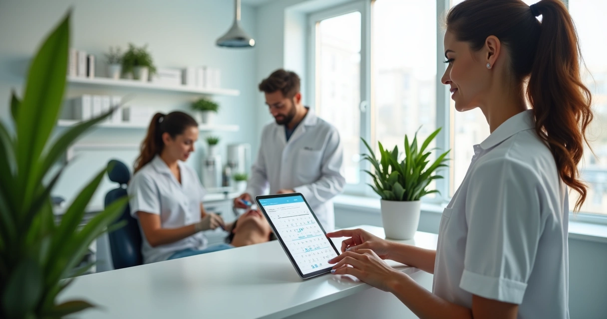 Recepcionista organizando agenda digital enquanto dentista realiza atendimento com equipe ao fundo 