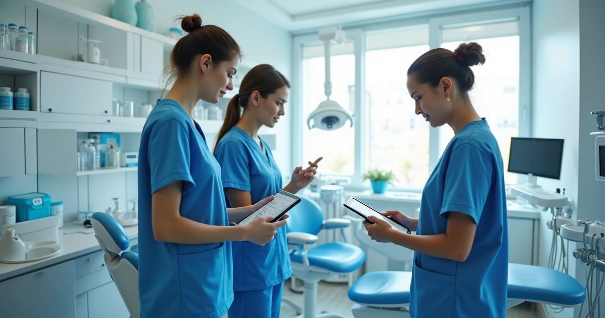 Equipe odontológica conferindo checklist digital em clínica organizada com equipamentos modernos e ambiente claro 