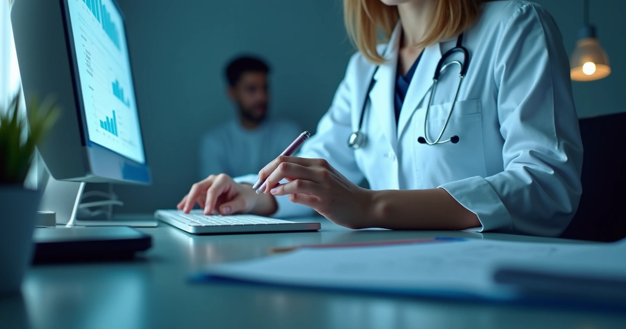 Recepcionista digitando em computador com agenda e documentos organizados em clínica odontológica moderna 