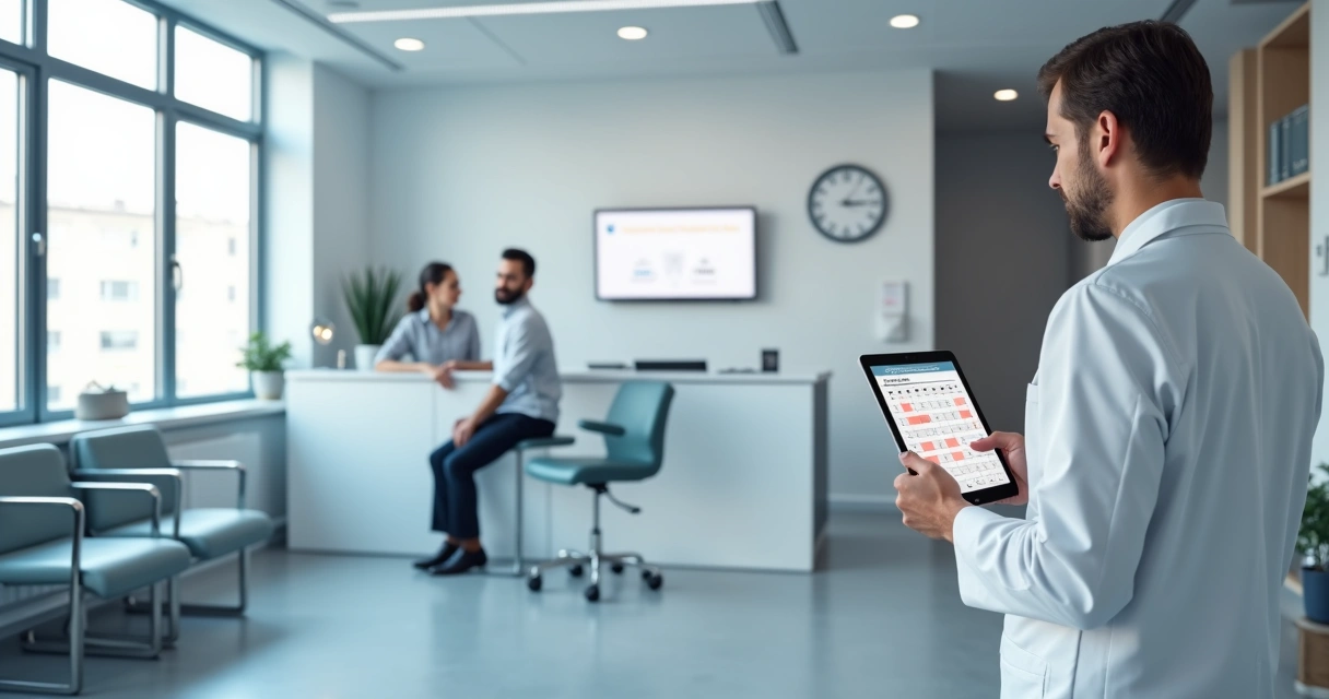 Dentista olhando agenda vazia em clínica odontológica moderna 