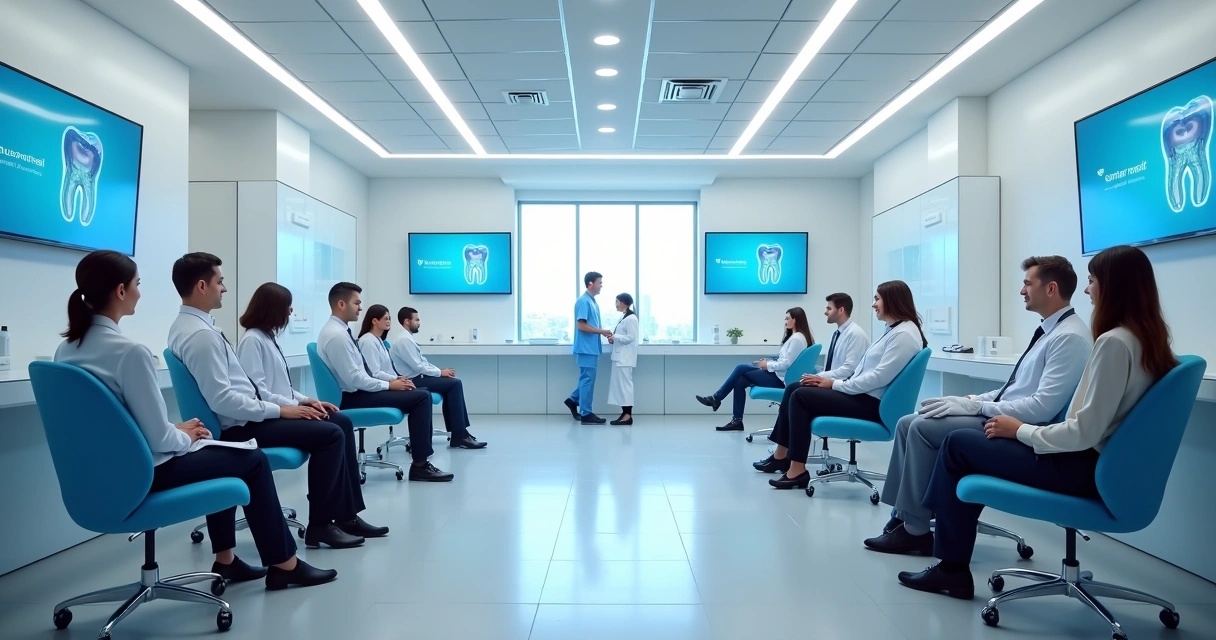 Clínica odontológica moderna com pacientes e equipe trabalhando 