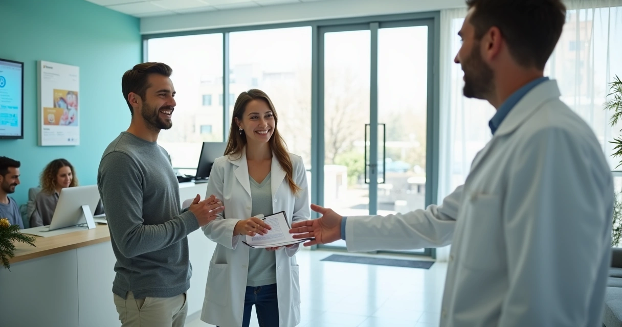 Dentista cumprimentando pacientes na recepção moderna de clínica odontológica 