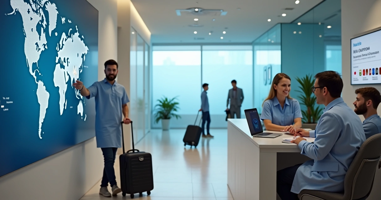 Recepção de clínica odontológica atendendo pacientes internacionais 