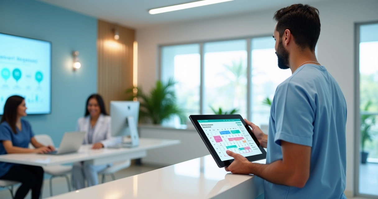 Dentista mostrando agenda cheia em tablet para equipe em clínica moderna 