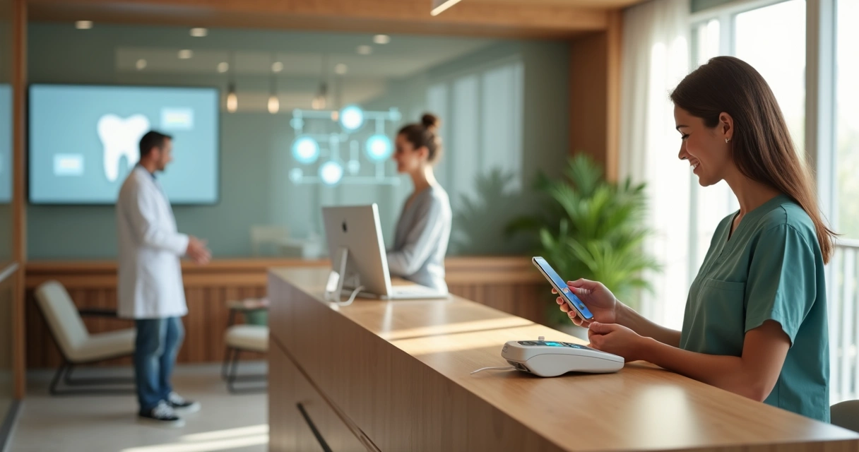 Recepção de clínica odontológica com paciente pagando pelo celular em terminal sem contato 