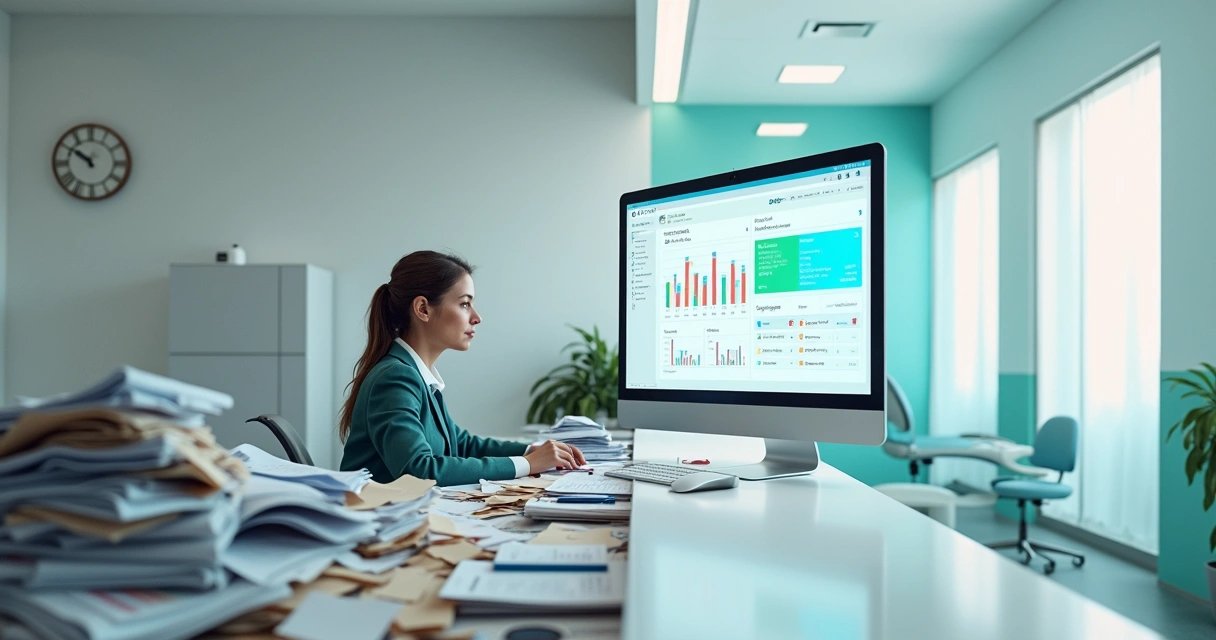 Secretária de clínica odontológica entre pilhas de papel e tela de computador organizada 