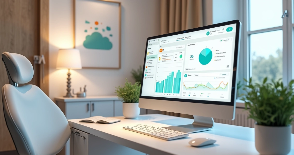 Sala pequena de clínica odontológica com monitor exibindo software na nuvem 