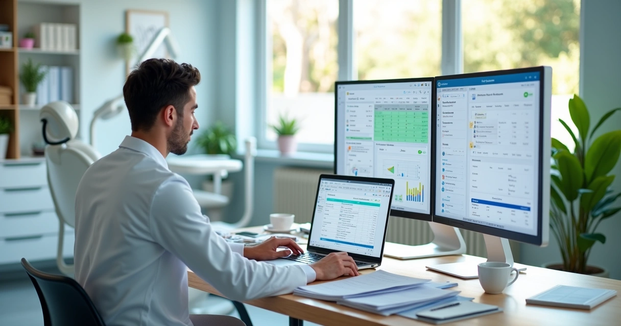 Dentista comparando planilhas em papel com software odontológico em notebook 