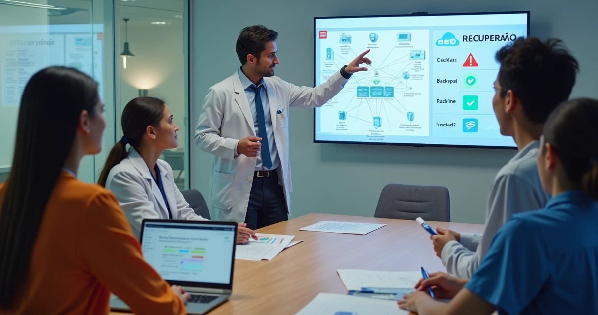 Equipe de clínica odontológica reunida em torno de mesa analisando plano de contingência digital 