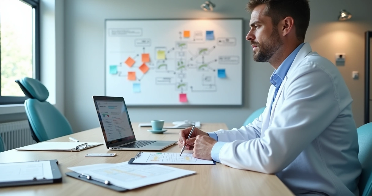 Gestor odontológico revisando fluxograma e checklist de processos da clínica 
