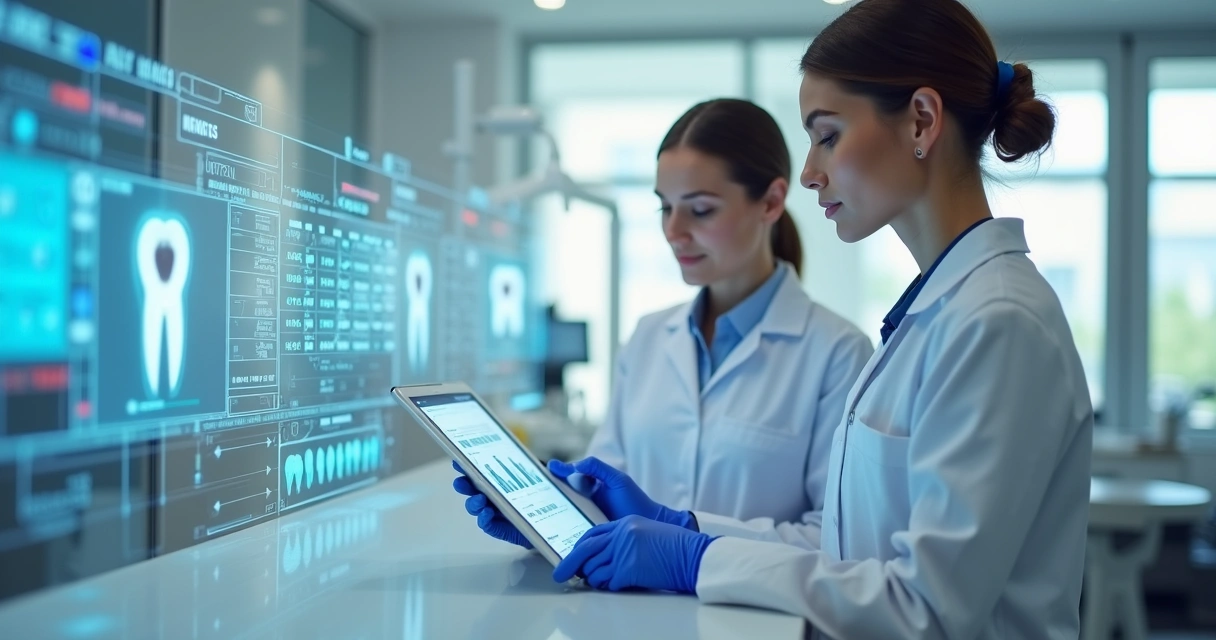 Tablet mostrando prontuário digital com interface moderna em clínica odontológica organizada 