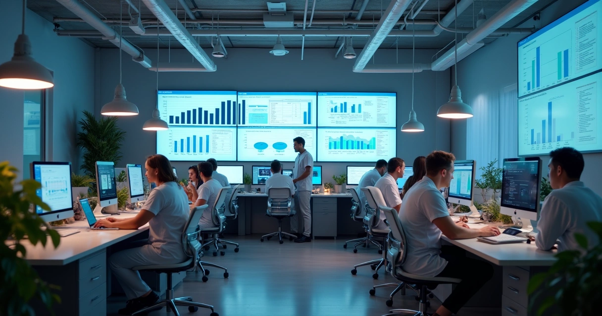 Dentista e equipe olhando relatórios de marketing digital em uma clínica, consultando telas com gráficos e dados 