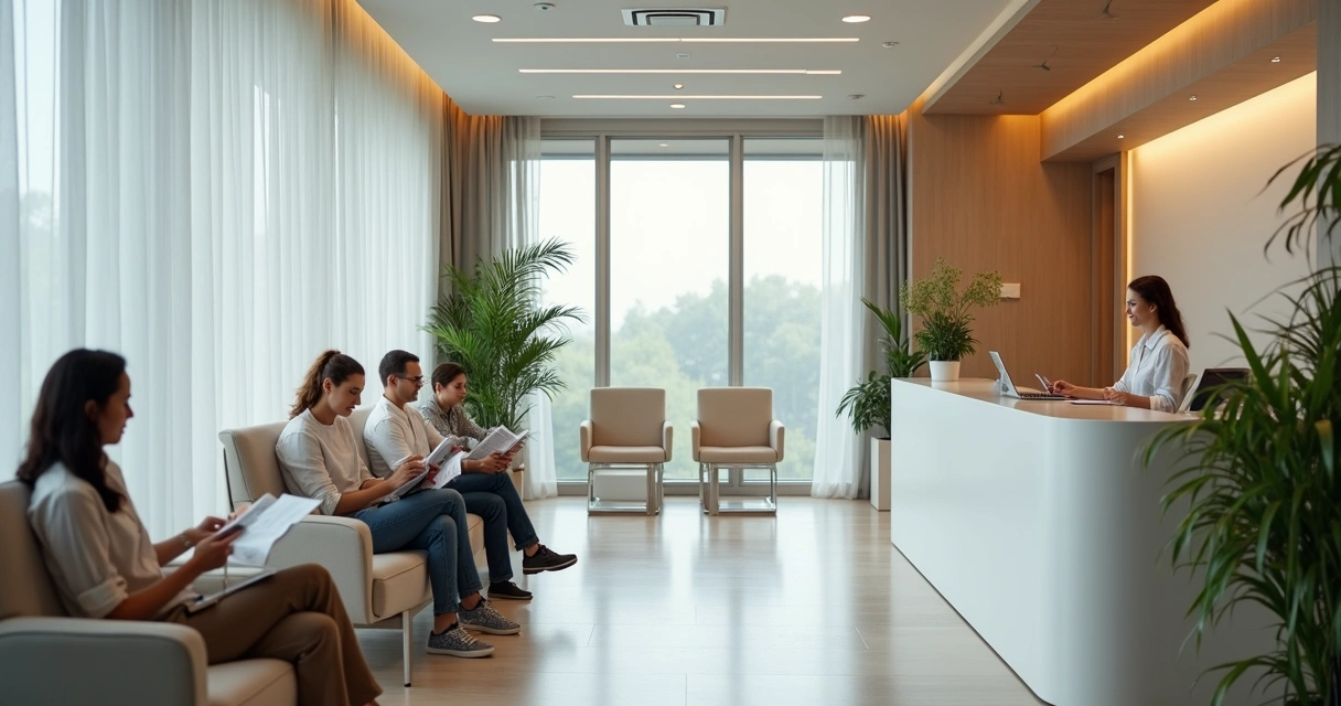 Recepção moderna de clínica odontológica com pacientes aguardando