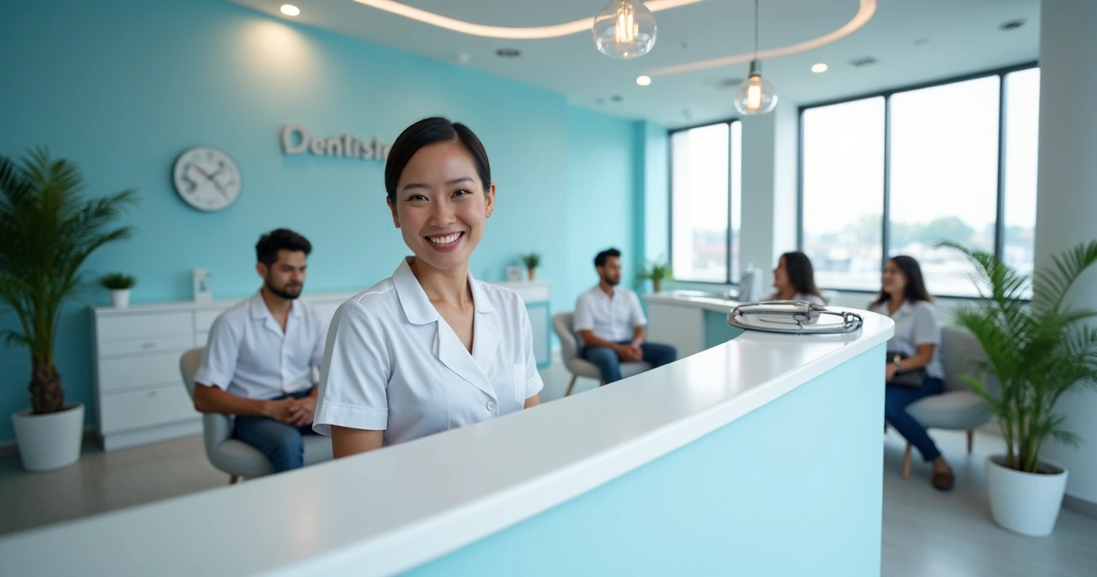 Recepção moderna de clínica odontológica com equipe sorrindo