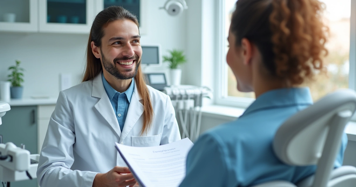 Dentista conversando com paciente em consultório odontológico