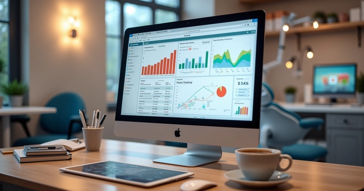 Computador com tela exibindo relatórios odontológicos detalhados em uma mesa de clínica moderna 