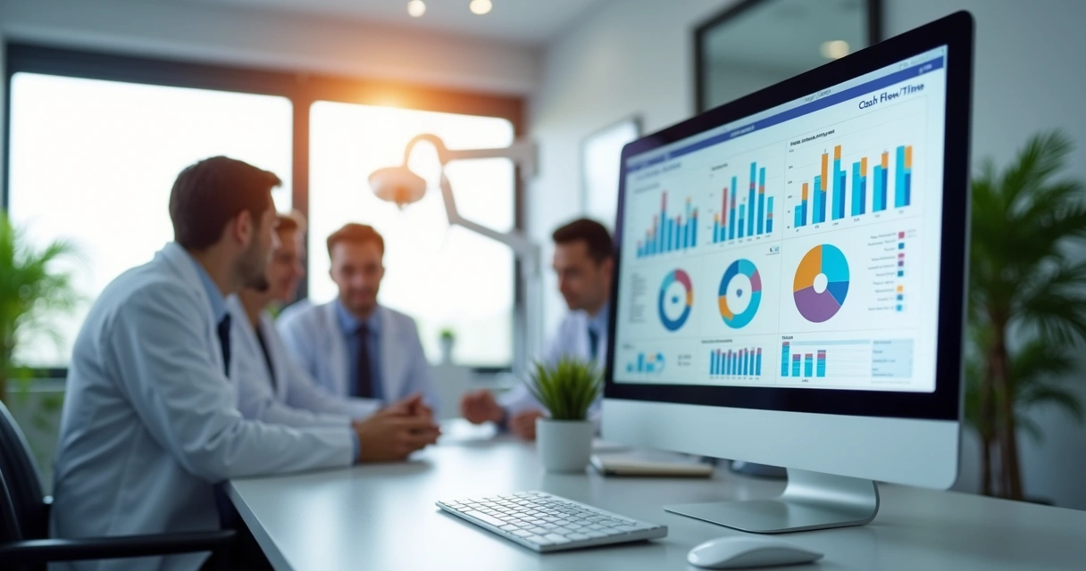 Computador com dashboard financeiro detalhado e equipe de dentistas analisando gráficos e relatórios na clínica odontológica 