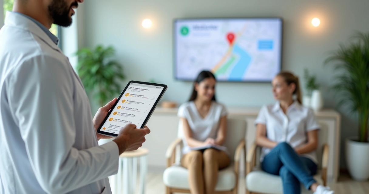 Dentista mostra avaliações positivas em tablet para paciente em clínica moderna 