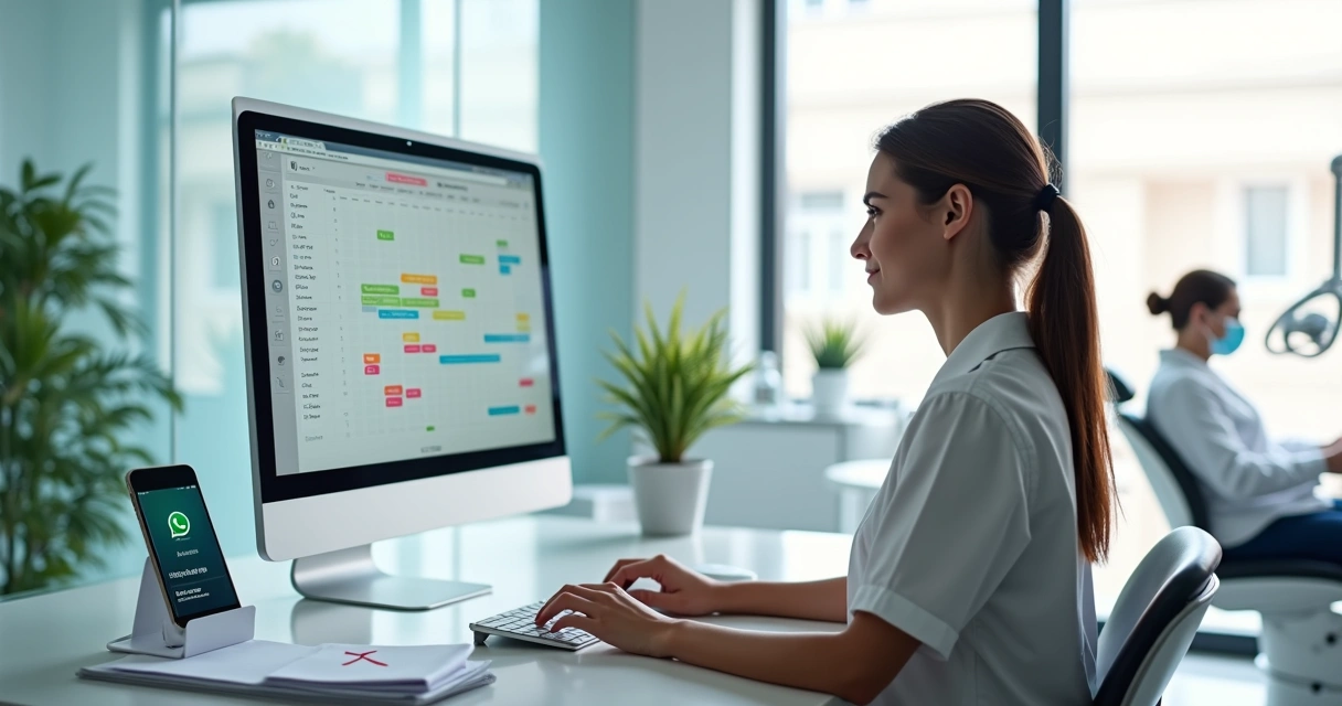 Dentista usando computador para automatizar retornos de pacientes na clínica 