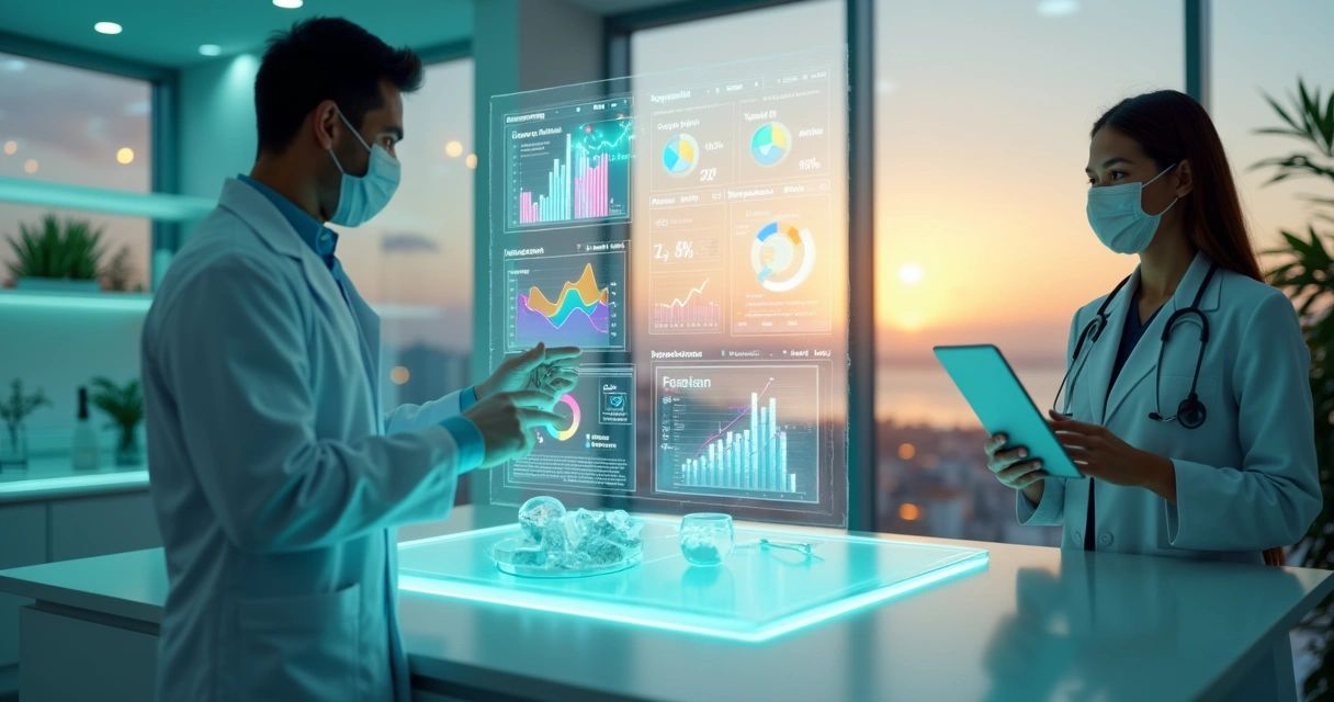 Dentista e especialista em marketing analisando painel digital em clínica odontológica moderna 