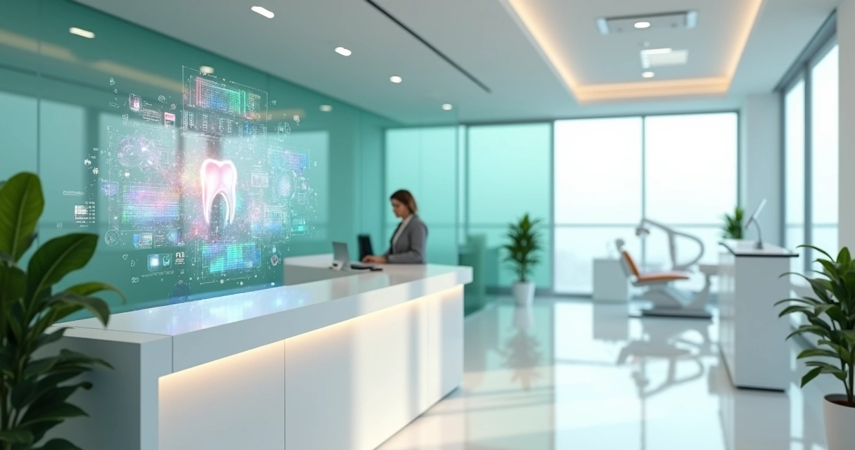 Consultório odontológico moderno sem papel com documentos virando dados digitais na parede 