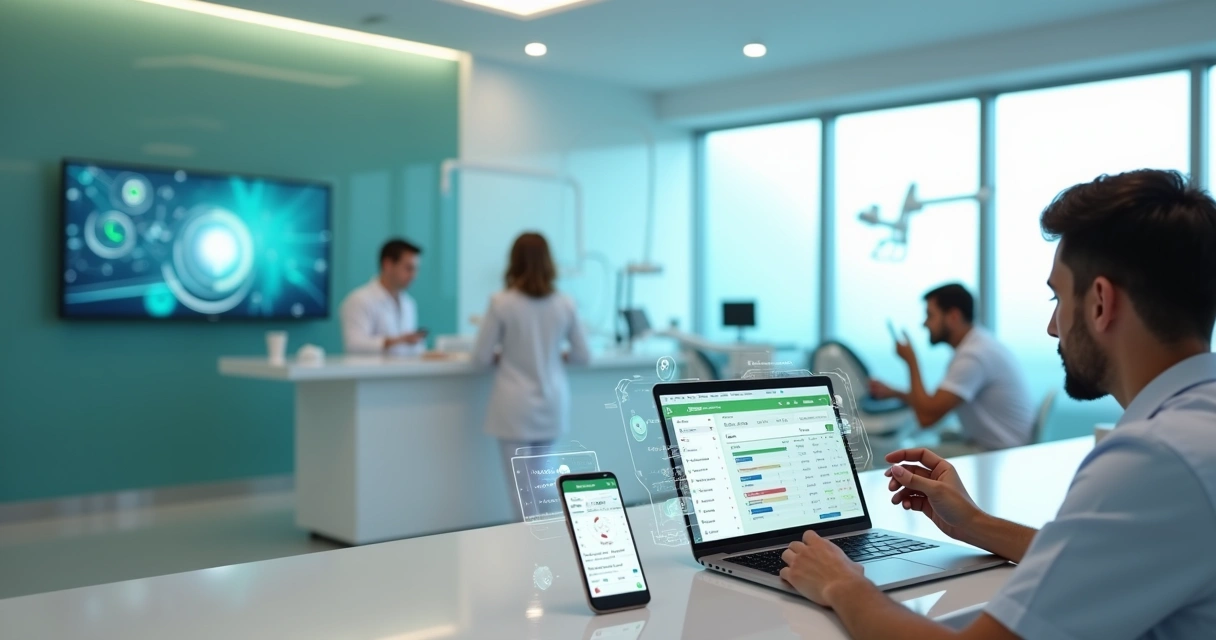 Dentista usando sistema de gestão odontológica em notebook com paciente na recepção 