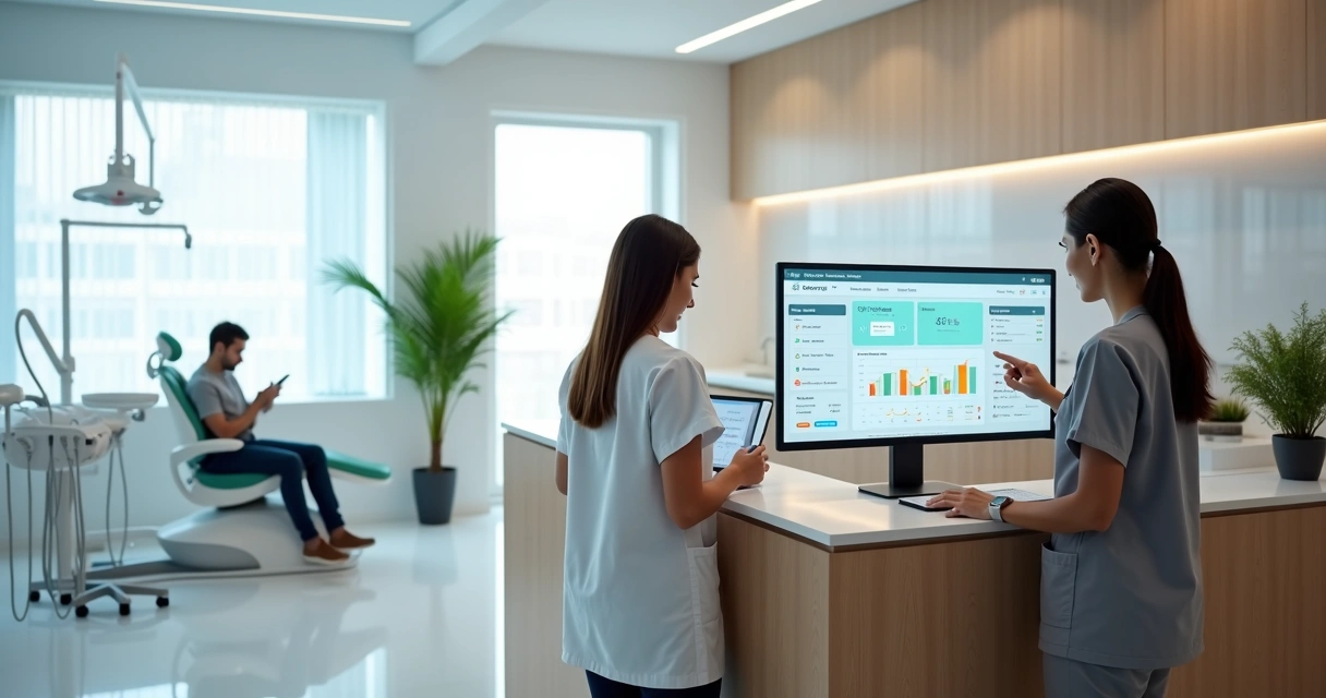 Dentista e recepcionista analisando sistema de gestão em clínica odontológica moderna 
