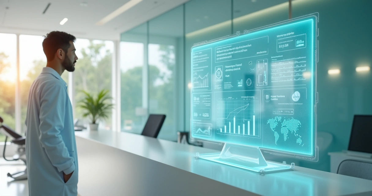 Dentista em clínica moderna interagindo com painel digital de site com IA 