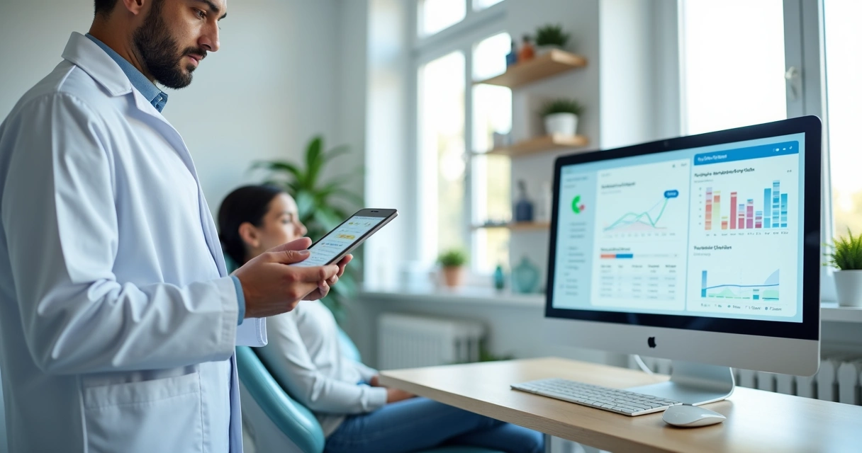 Dentista usando software odontológico em tablet ao lado da cadeira do paciente 