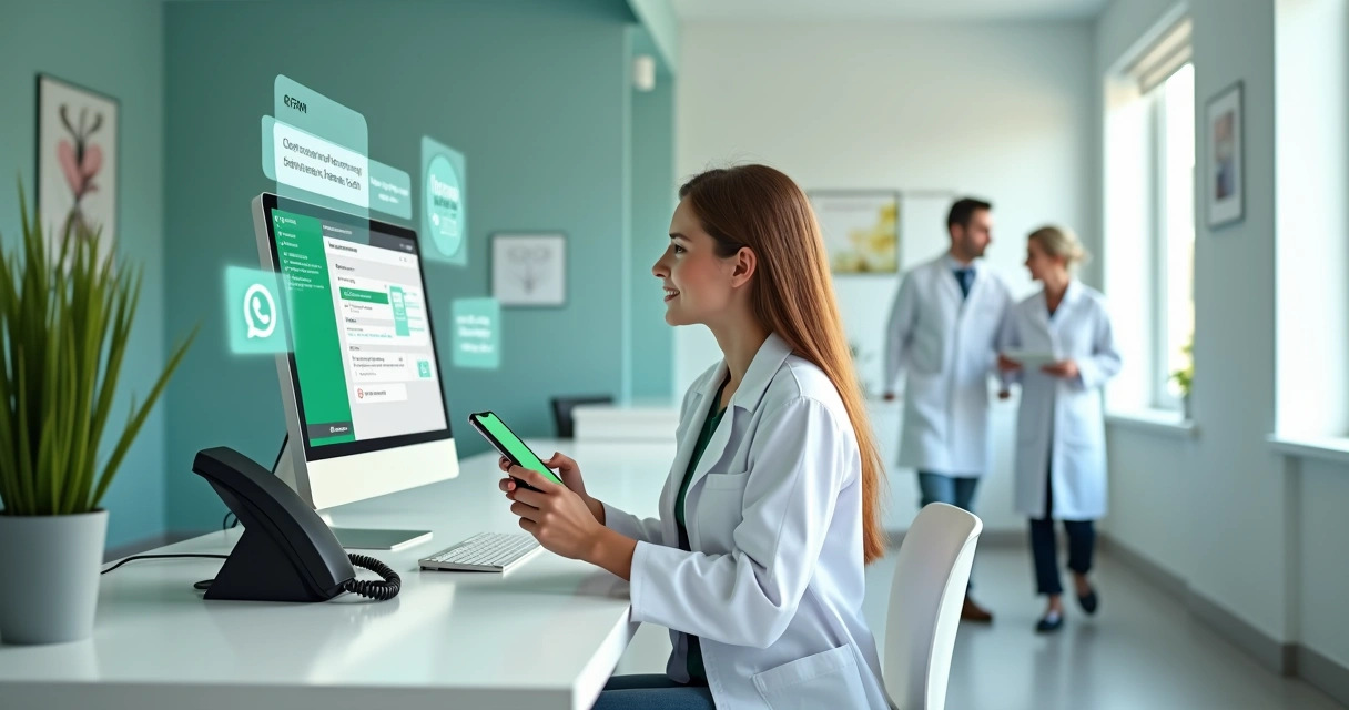 Equipe de clínica odontológica usando WhatsApp, chat e telefone ao mesmo tempo na recepção 