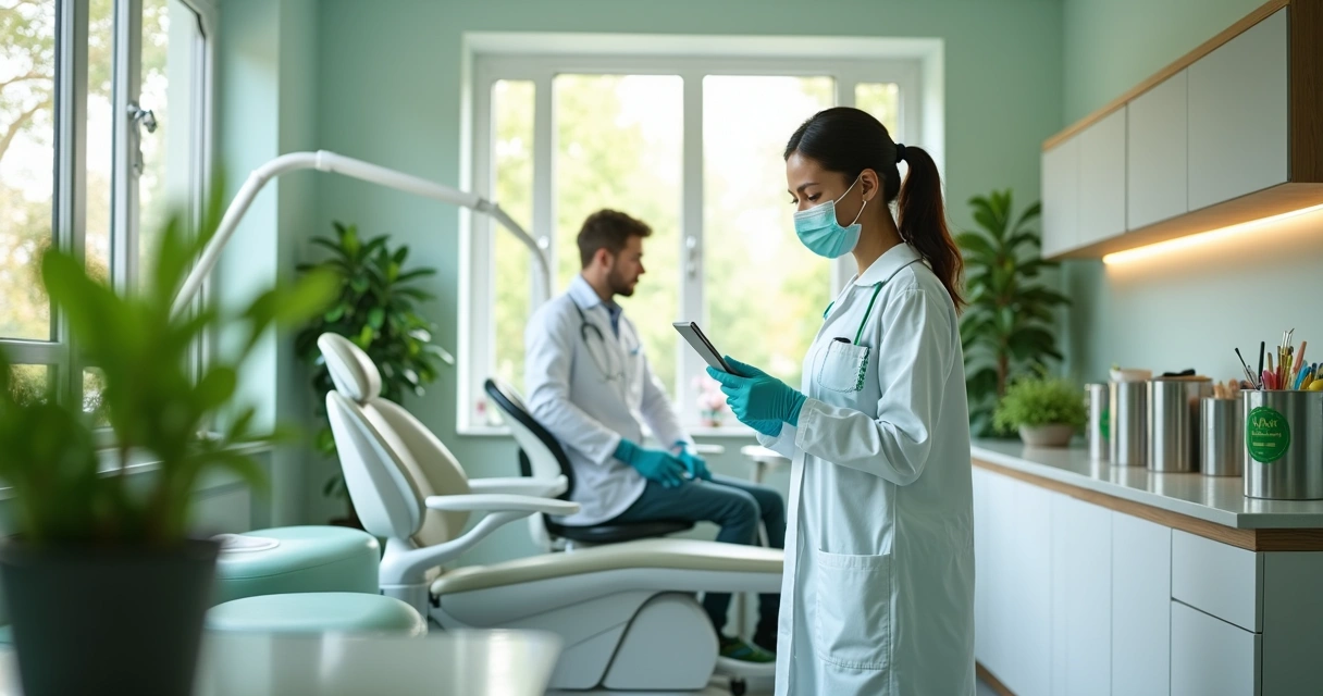 Dentista em clínica moderna com elementos de sustentabilidade e plantas verdes 