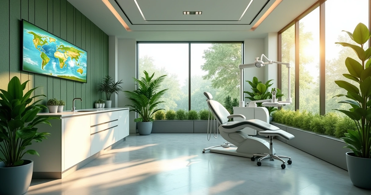 Clínica odontológica moderna com plantas e tecnologia digital sustentável