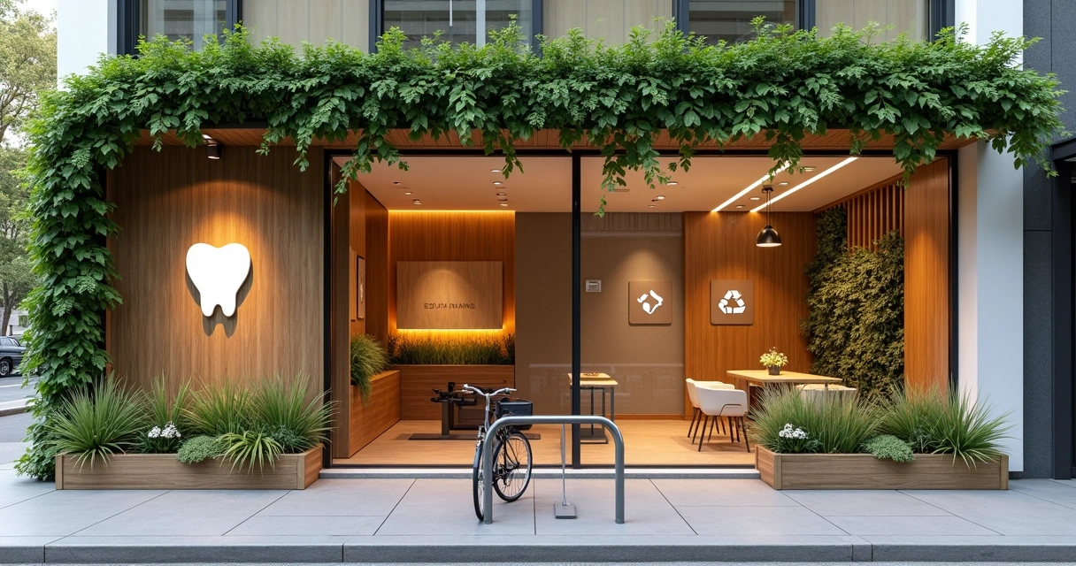 Fachada de clínica odontológica moderna com elementos sustentáveis e jardim verde 
