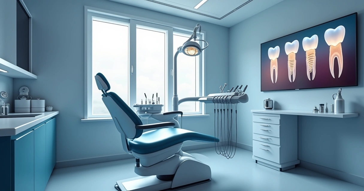 Consultório odontológico moderno com equipamentos avançados e cadeira dental iluminada 