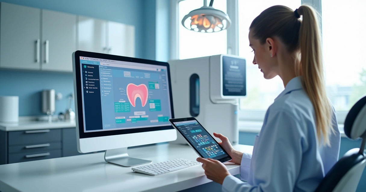 Sala moderna de clínica odontológica com equipamentos digitais, computador com agenda online, dentista usando tablet e impressora 3D ao fundo 