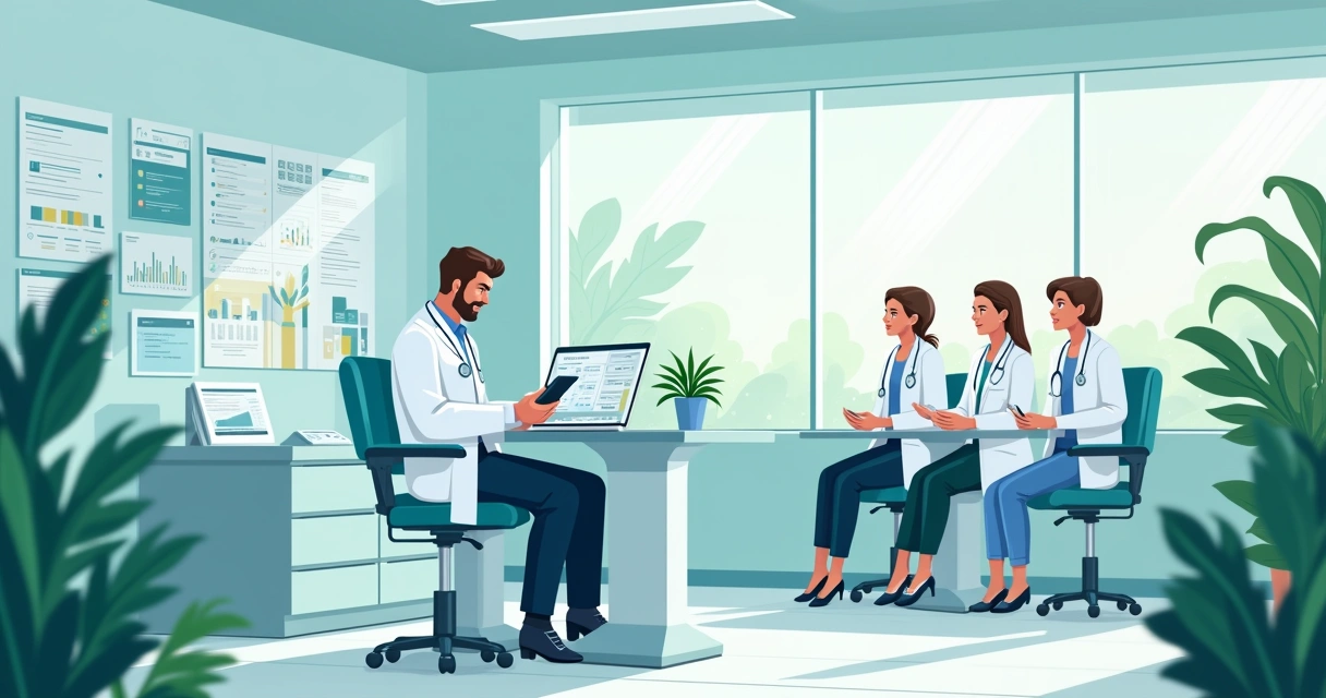 Clínica odontológica moderna com dentistas utilizando tecnologia IA e gráficos de saúde em ambiente acolhedor.